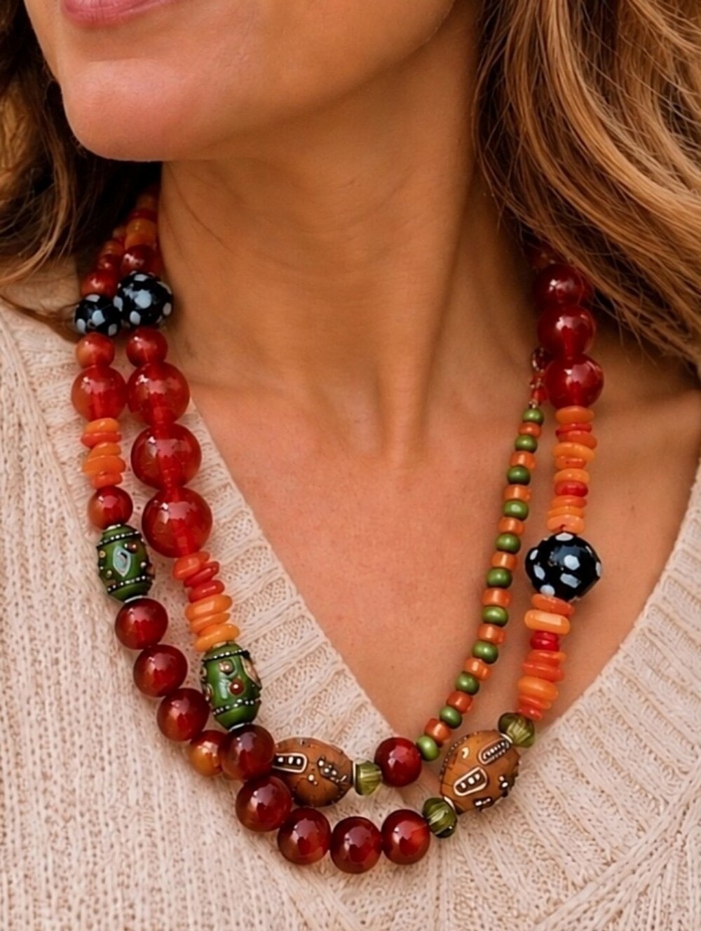 Glass Polka Dot Bali Style Lucite Acrylic Beaded Long Necklace Vintage Amber